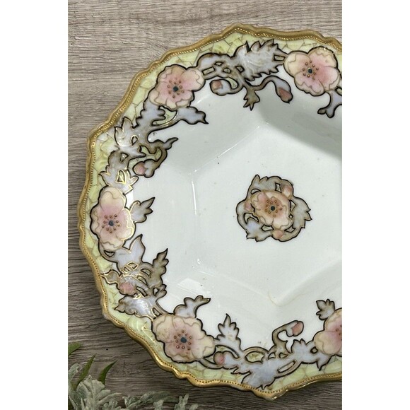Antique Nippon Morimura Hand Painted Serving Bowl Pink Floral Gold Trim CHIP - Picture 3 of 8